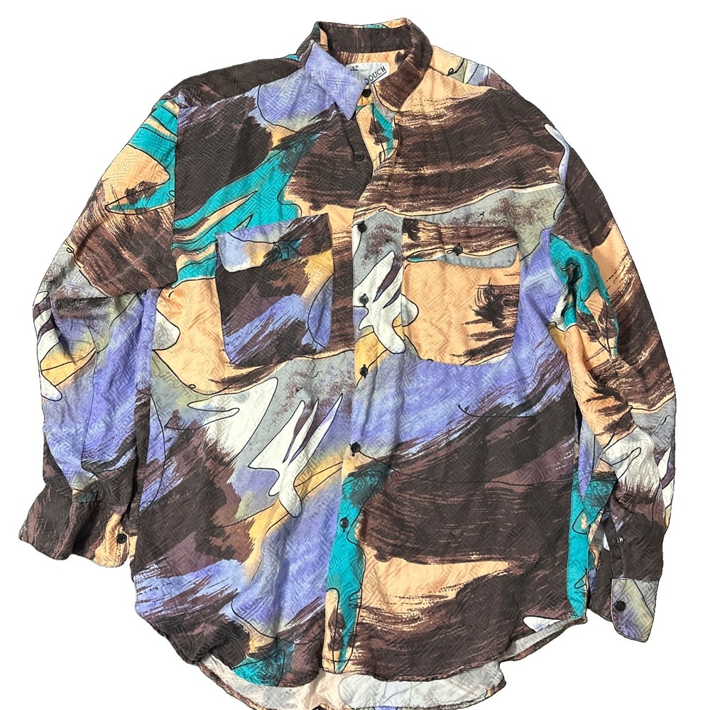 Vintage Goouch Abstract Art Long Sleeve Button Up Shirt Mens M Multicolor Silk